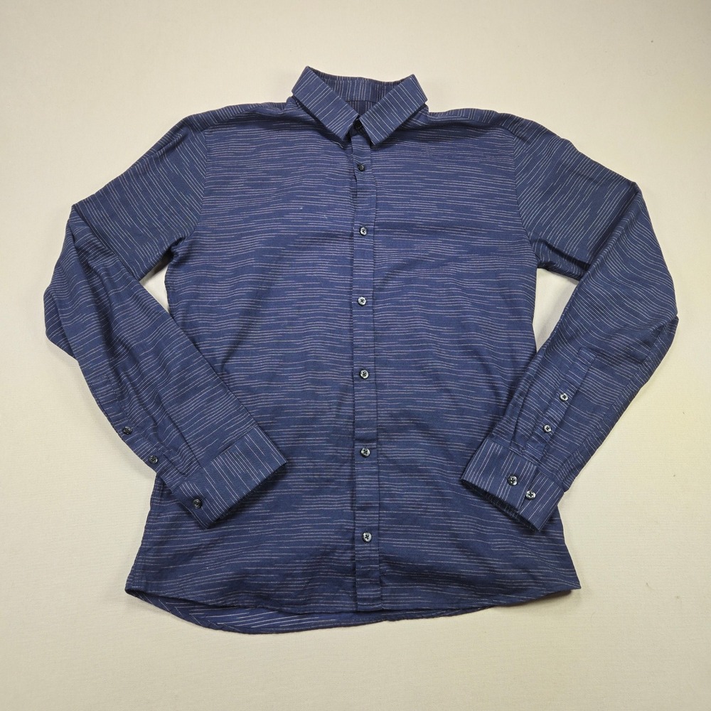 Hugo Boss Ero3 Button Up Shirt Slim Fit Textured Stripe Navy Blue Mens Small S
